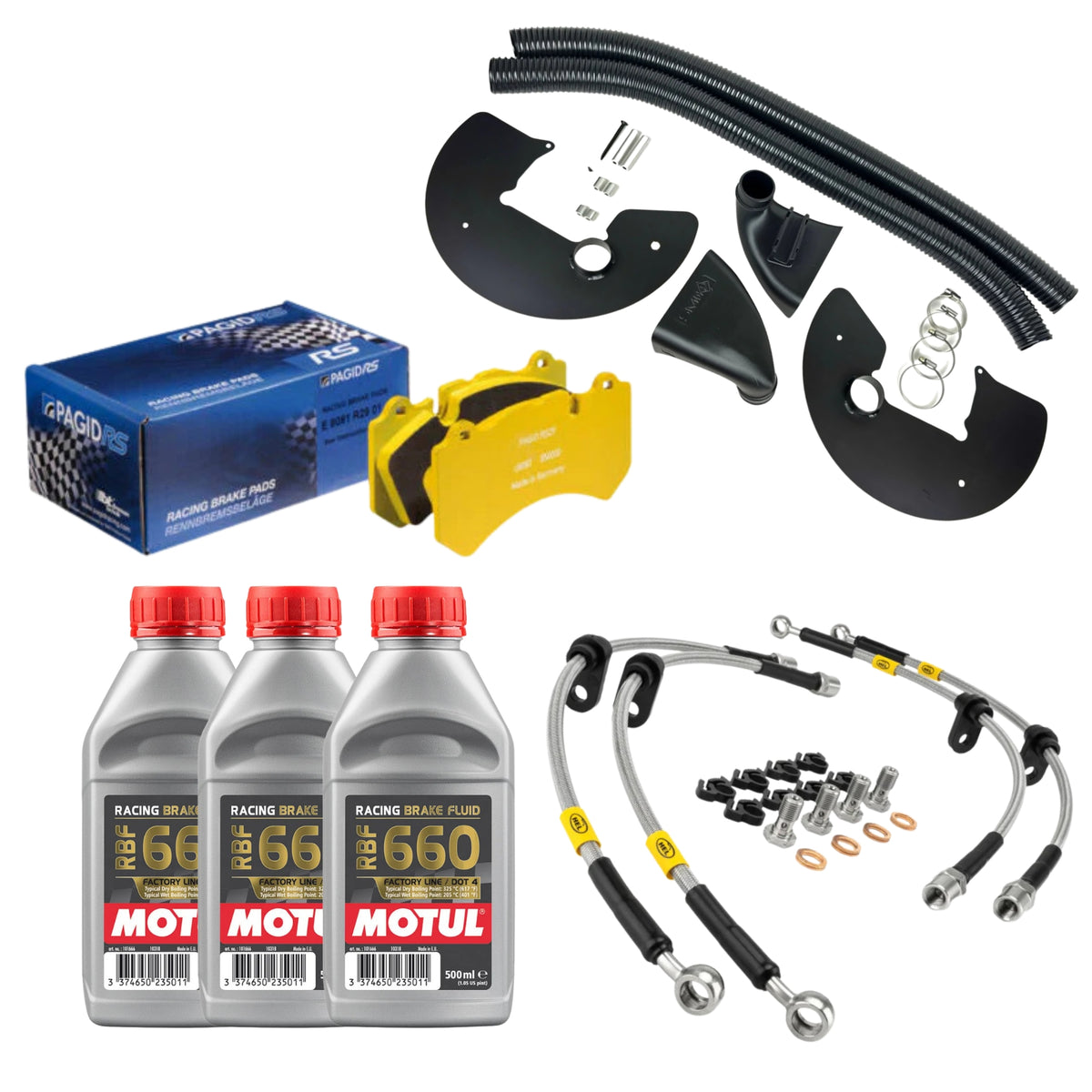 BMW F8X M2 M3 M4 front track brake upgrade bundle with Pagid RSL29/RSL1 pads, Motul RBF660, HEL lines and brake cooling kit