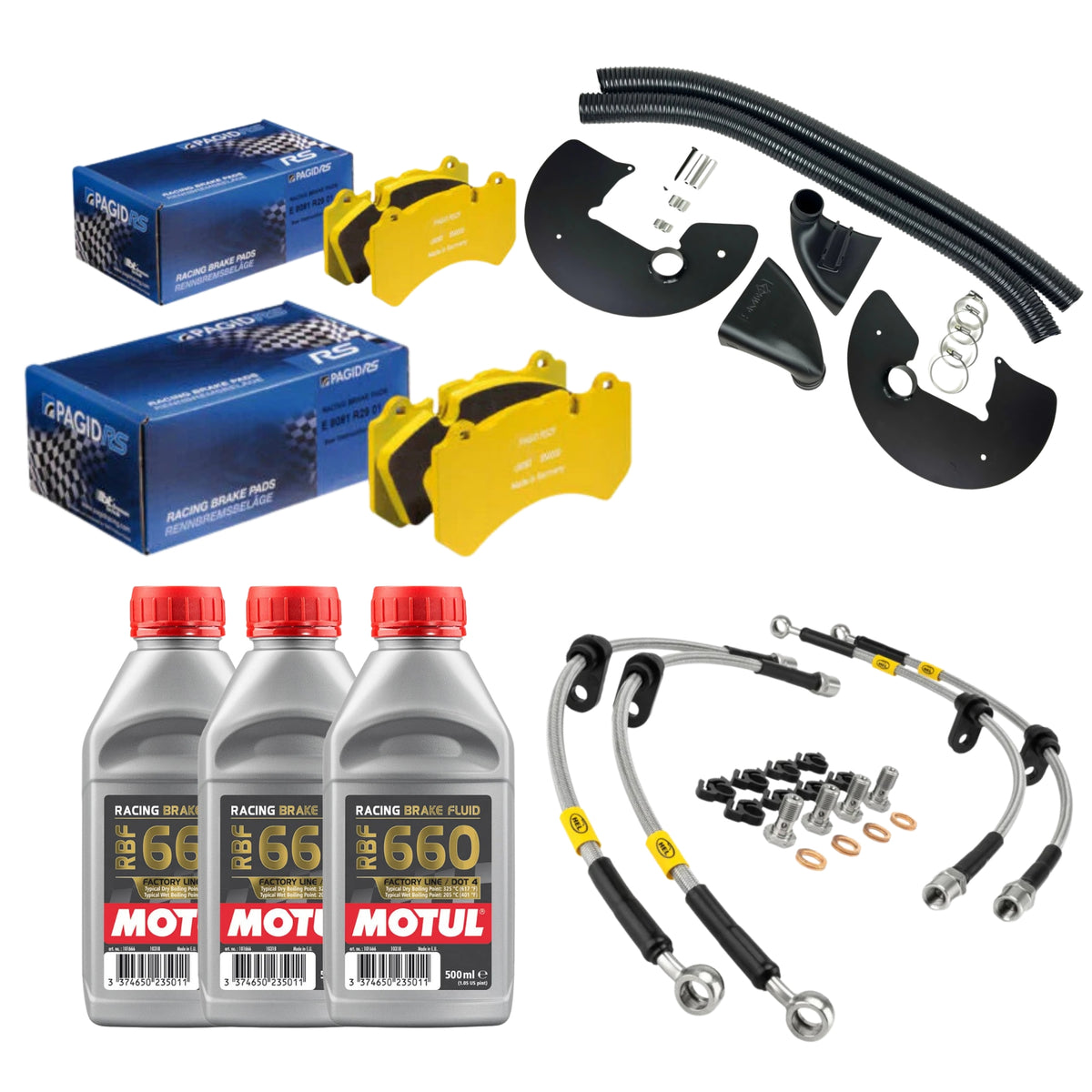 BMW F8X M2 M3 M4 front and rear track brake upgrade bundle with Pagid RSL29/RSL1 pads, Motul RBF660, HEL lines and brake cooling kit