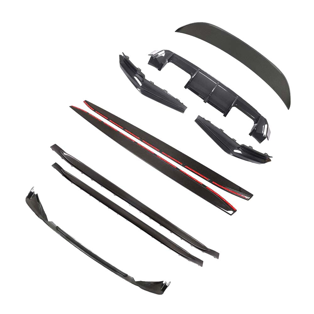BMW G80 M3 full carbon fiber kit by CT Carbon, V3 version, showing components of the lightweight, high-performance car upgrade kit.