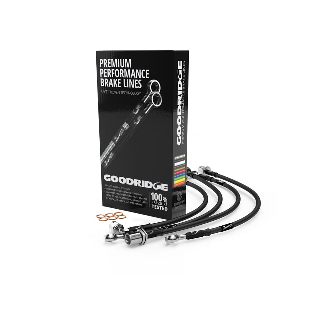Goodridge brake hose kit for Volkswagen Golf MK8 2.0 GTI, featuring flexible, durable brake hoses with brand markings visible.