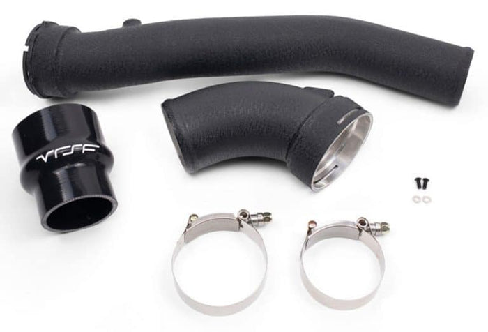 VRSF N55 F20 M135i and F22 M235i charge pipe kit hoses for turbocharged BMW engines, black silicone and metal clamps included.