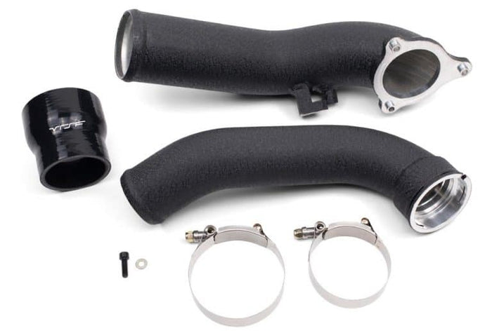 VRSF charge pipe upgrade for BMW B58 F20 M140i, F22 M240i, F30 340i, and F32 440i, showing the hose with smooth finish and fittings.