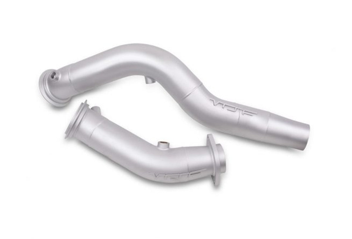 VRSF 3-inch ceramic decat downpipe for S55 F87 M2 Comp, F80 M3, and F82 M4, showing the shiny ceramic-coated pipe with flanges.