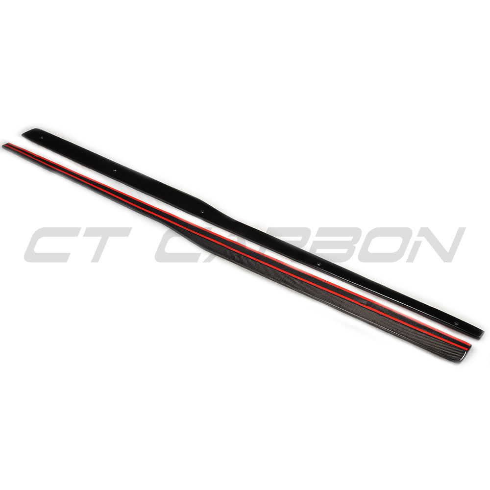 Carbon fibre side skirts for VW Golf GTD/GTI MK7/7.5 2014-2020 by CT Carbon, shown installed on the car's sides.