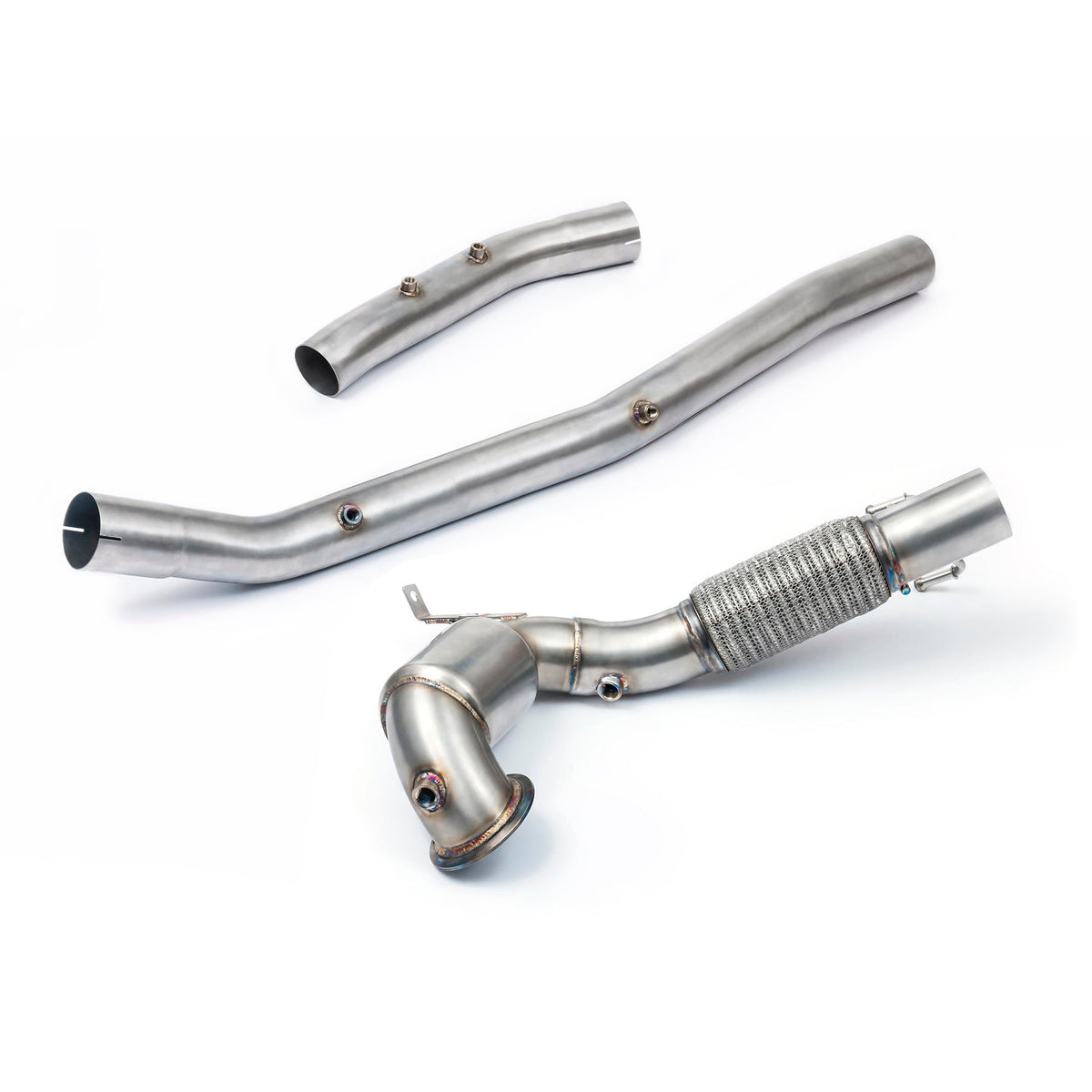 Cobra Sport VW Golf GTI Mk8 2.0 TSI front downpipe sports cat de-cat performance exhaust, showing the metallic downpipe component.