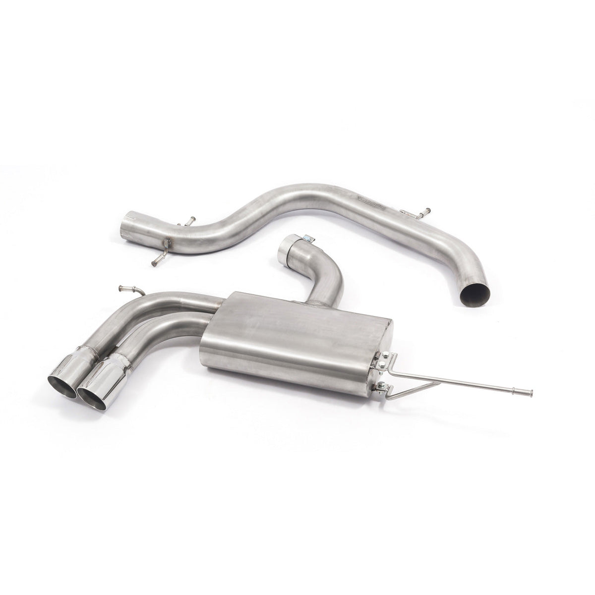 Cobra Sport cat back exhaust system installed on a VW Golf GTI Mk5, showcasing the dual exhaust tips and polished metal finish.