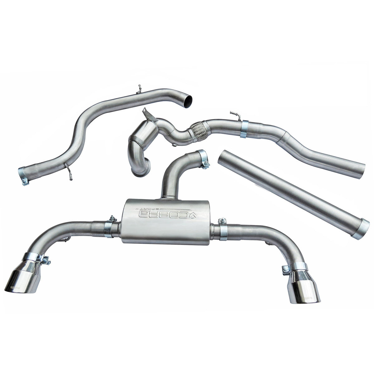 Cobra Sport turbo back performance exhaust for VW Golf GTI Mk7.5 2.0 TSI, shown installed on a black vehicle.