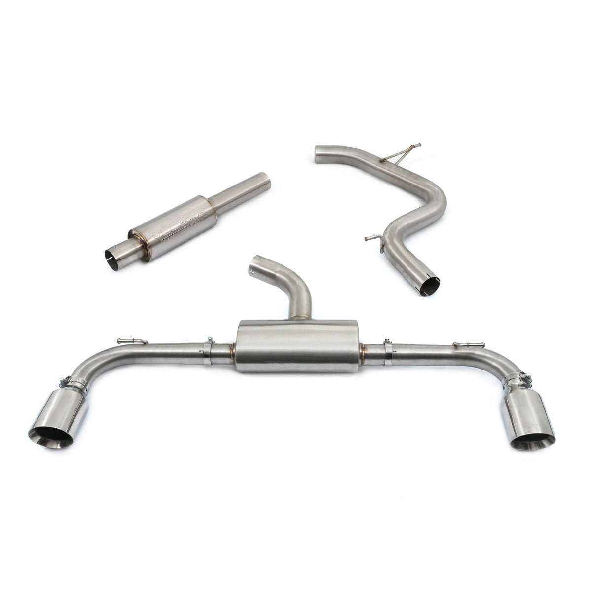 Cobra Sport VW Golf GTI Mk8 2.0 TSI GPF back performance exhaust with resonated design, showcasing polished exhaust tips and piping.