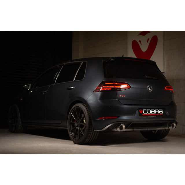 Cobra Sport VW Golf GTI MK7.5 2.0 TSI cat back performance exhaust installed on the vehicle's rear, showcasing the polished exhaust tips.