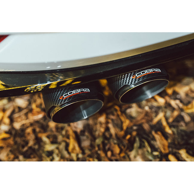 Cobra Sport VW Golf R Mk7.5 2.0 TSI cat back performance exhaust with polished stainless steel tips, mounted under the car.