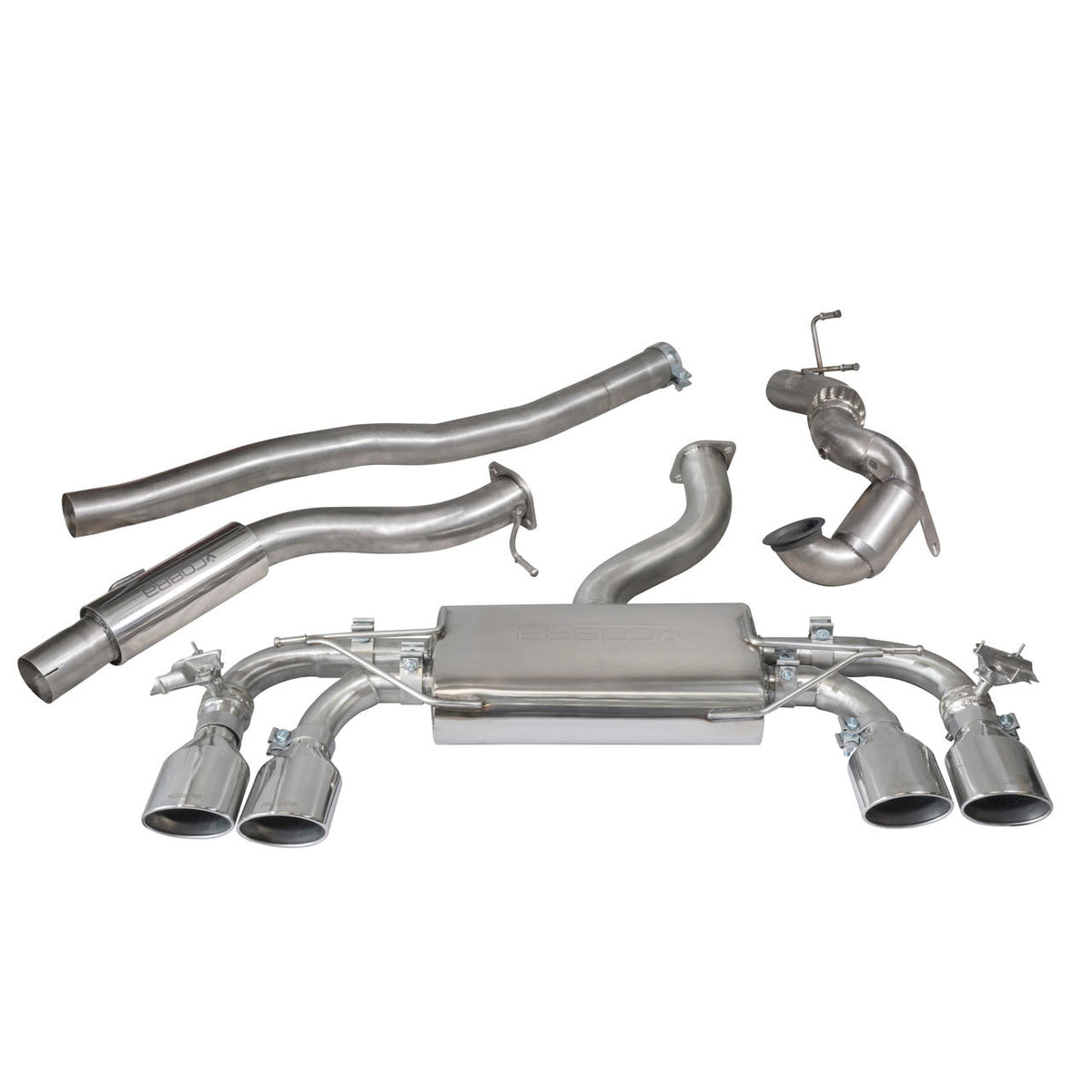 Cobra Sport VW Golf R Mk7.5 2.0 TSI turbo back performance exhaust with valvetronic system, showcasing the polished exhaust tips.