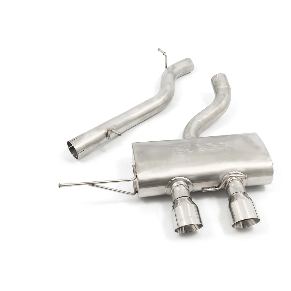 Cobra Sport VW Golf R Mk6 2.0 TSI cat back performance exhaust with non-resonated muffler and chrome tips.