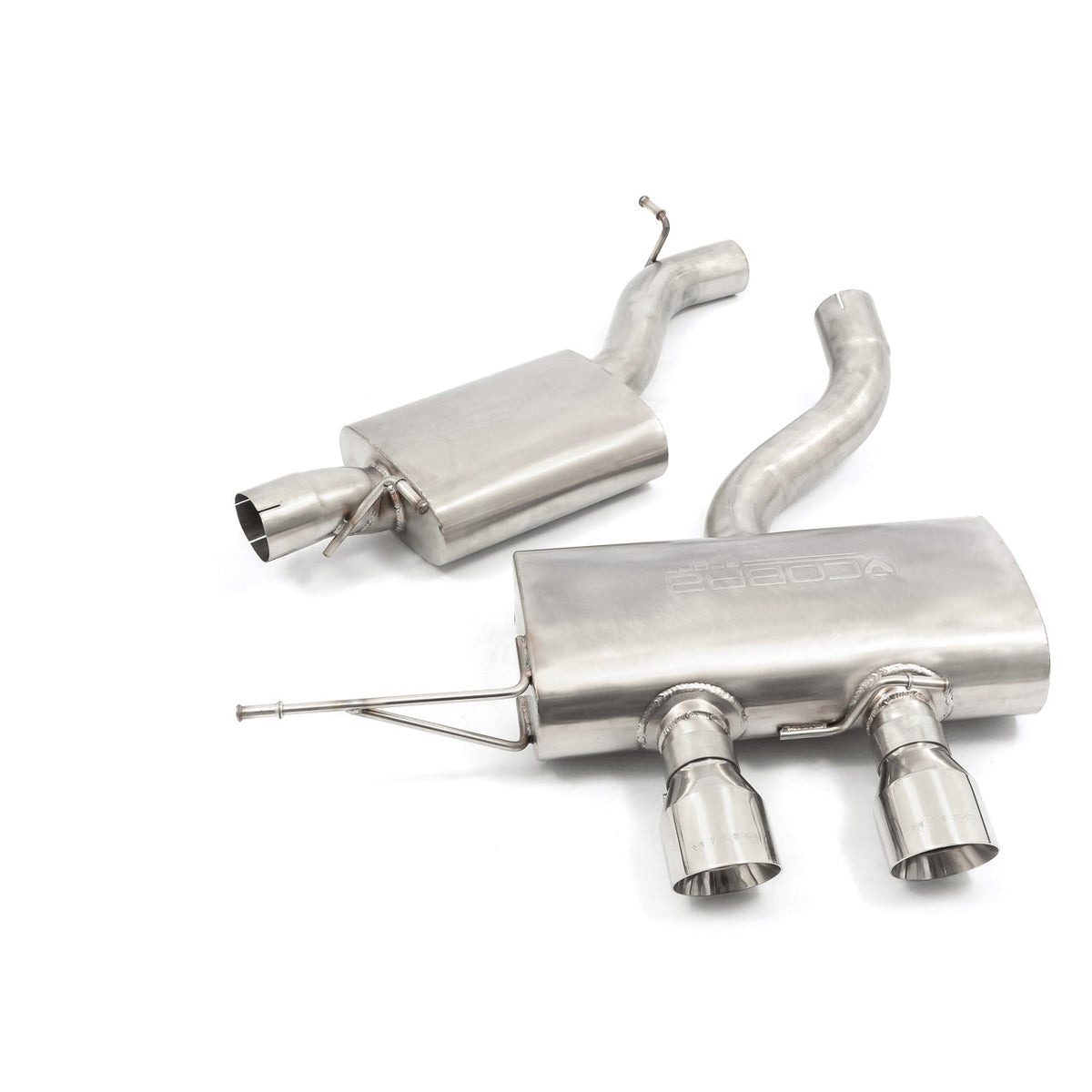 Cobra Sport VW Golf R Mk6 2.0 TSI cat back performance exhaust, shown with polished stainless steel pipes and dual exhaust tips.
