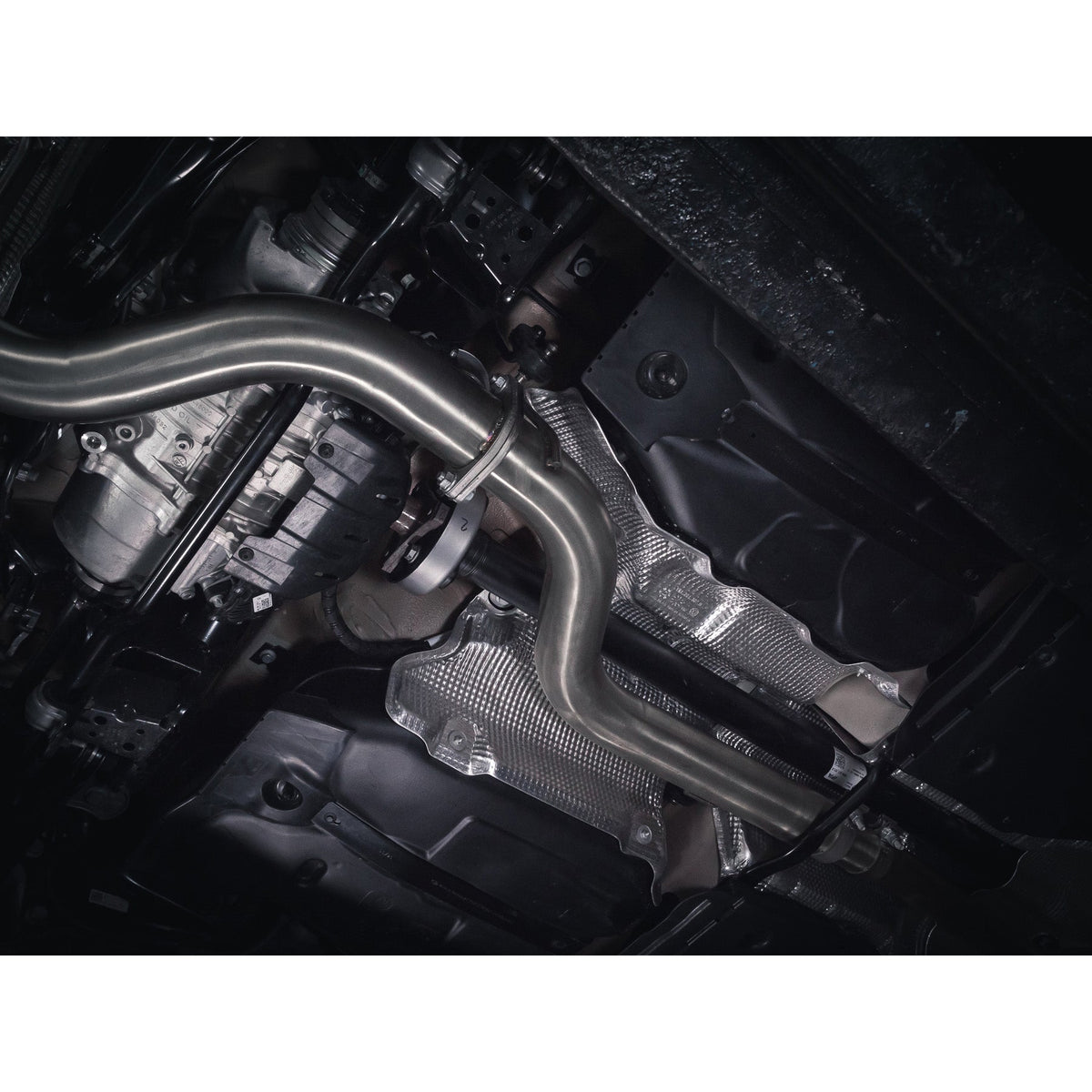 Cobra Sport VW Golf R Mk8 2.0 TSI GPF back performance exhaust in polished metal, with dual exhaust tips and sleek design.
