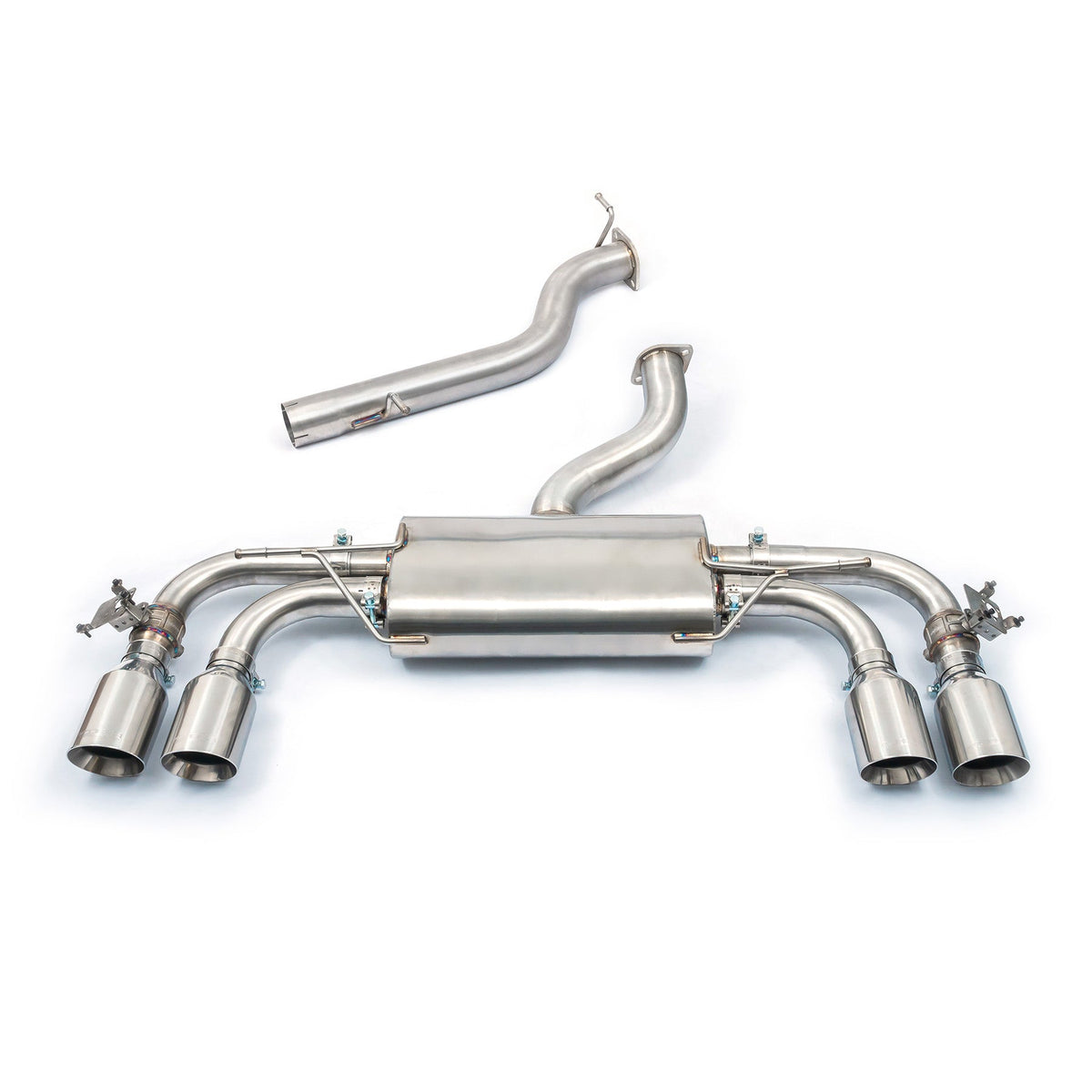 Cobra Sport VW Golf R Mk8 2.0 TSI GPF back performance exhaust with non-resonated, valved design, enhancing sound and performance.