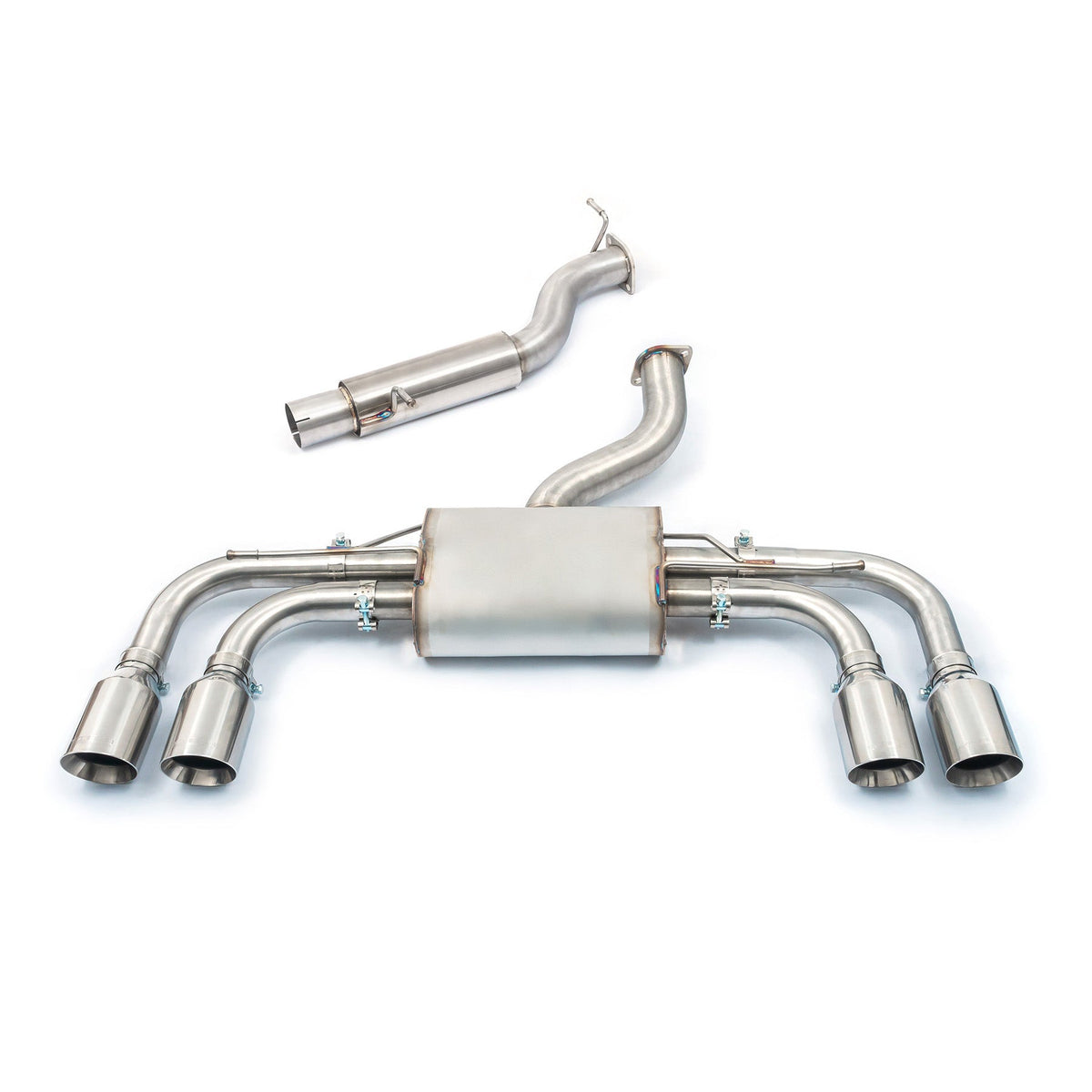 Cobra Sport VW Golf R Mk8 2.0 TSI Race GPF back performance exhaust with non-valved design, mounted on a VW Golf R Mk8.
