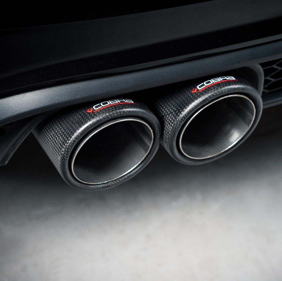 Cobra Sport turbo back performance exhaust for VW Polo GTI AW Mk6 2.0 TSI, featuring polished stainless steel pipes and muffler.