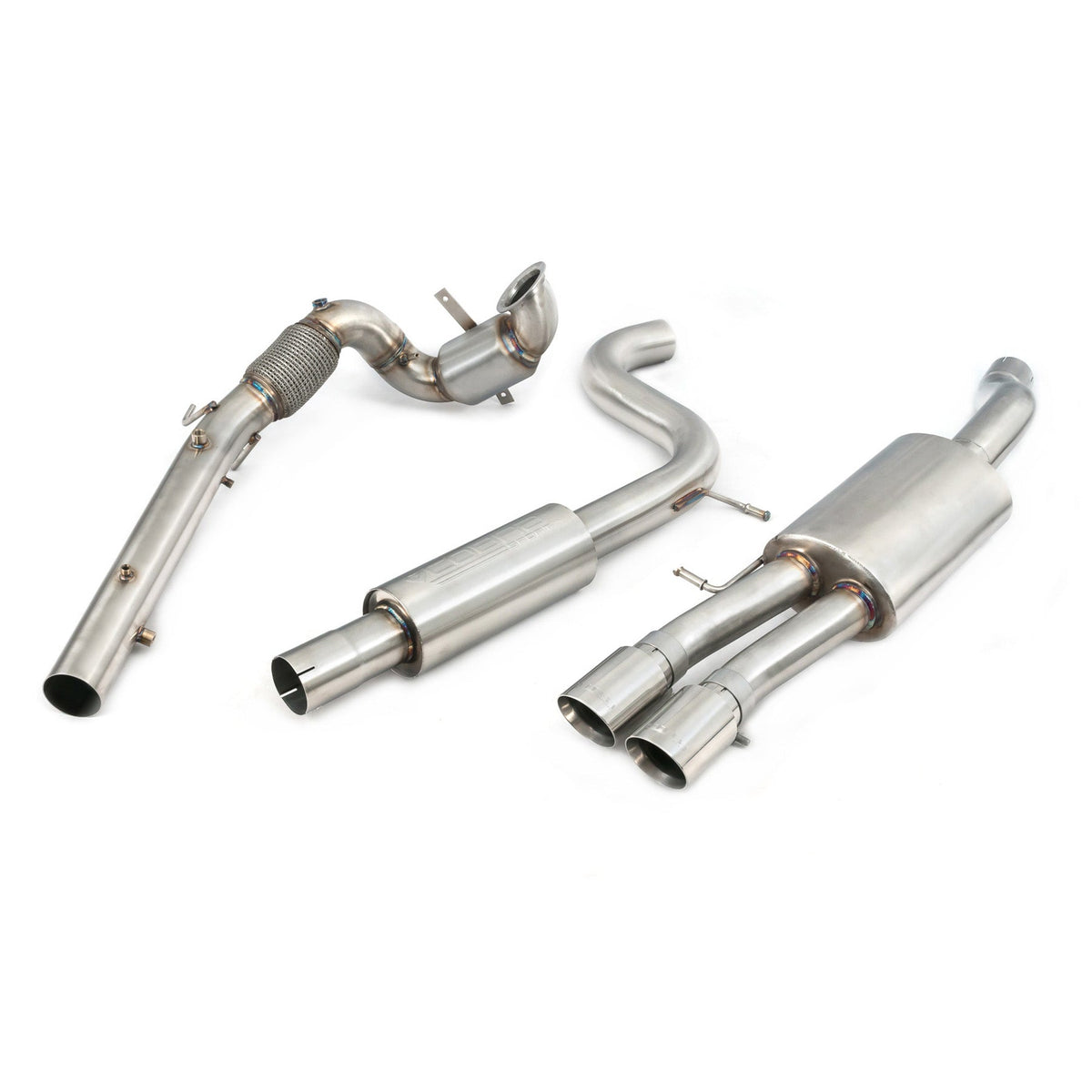 Cobra Sport VW Polo GTI Mk6 2.0 TSI turbo back exhaust with polished resonator box and sports cat for enhanced performance.