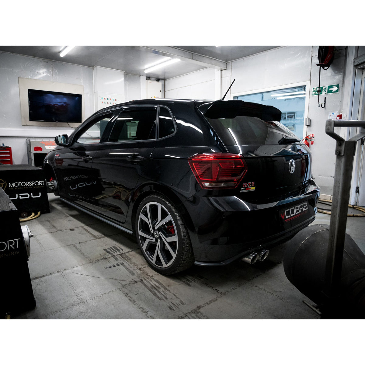Cobra Sport VW Polo GTI Mk6 2.0 TSI turbo back performance exhaust front pipe during power testing.