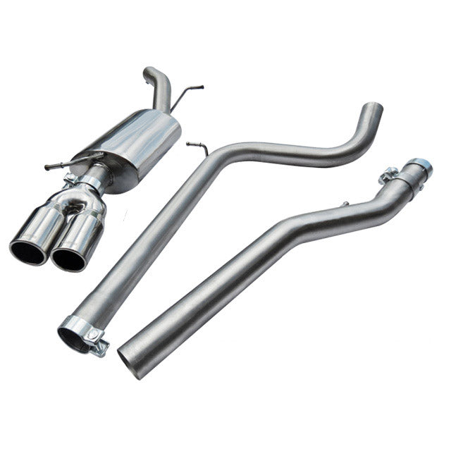 Cobra Sport VW Polo GTI 6R 1.4 TSI cat-back performance exhaust system installed on a blue Polo GTI, showing the exhaust tip and pipes.
