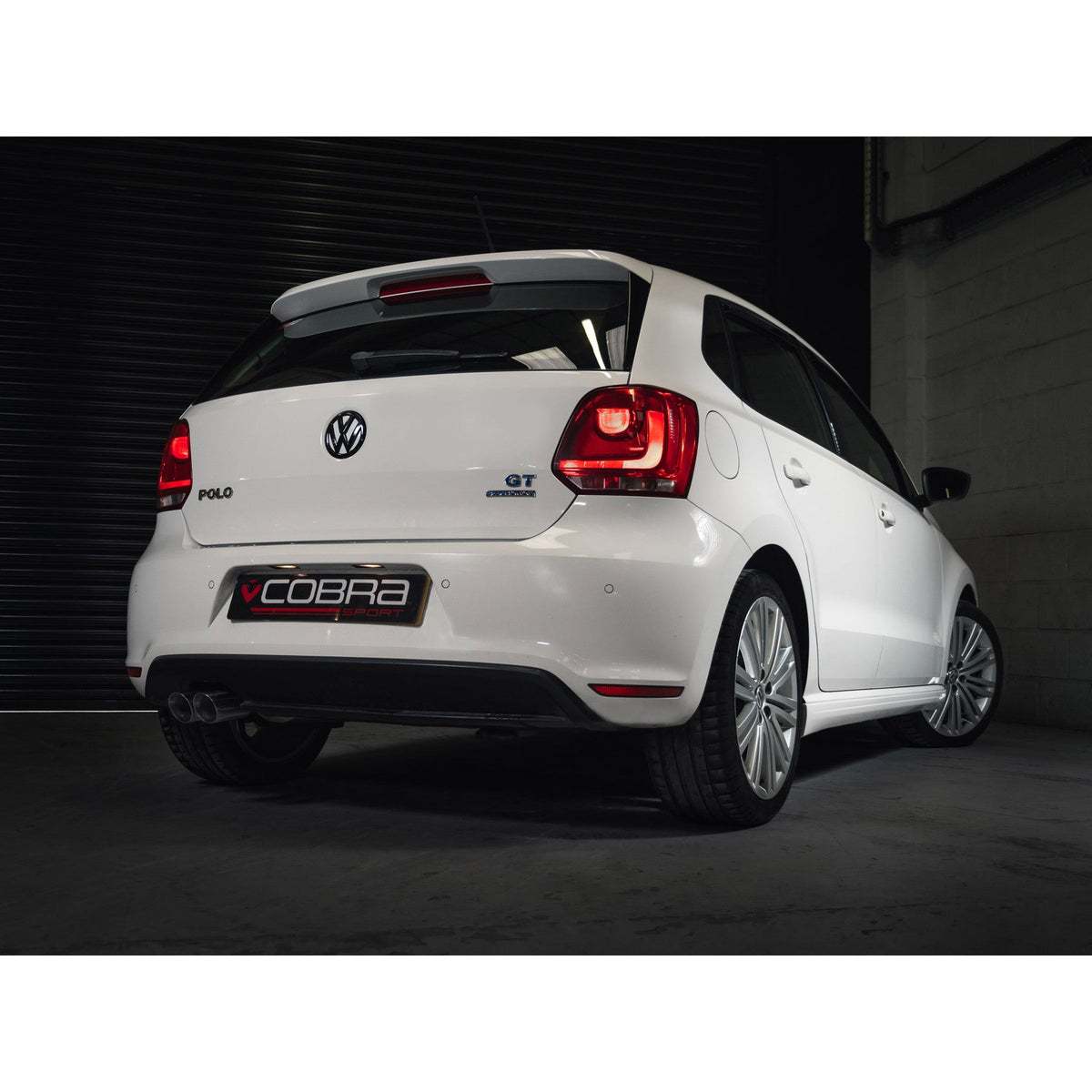 Cobra Sport cat back performance exhaust for VW Polo BlueGT 1.4 TSI, shown installed on the car's rear view with polished tips.