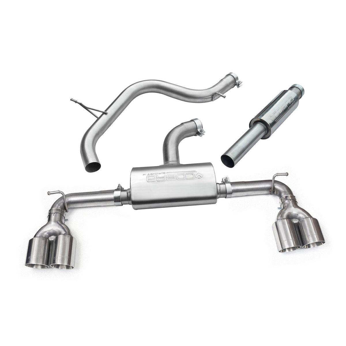 Cobra Sport VW Golf GTI MK7 2.0 TSI quad exit cat back exhaust with resonated tips, performance upgrade for Golf R style.