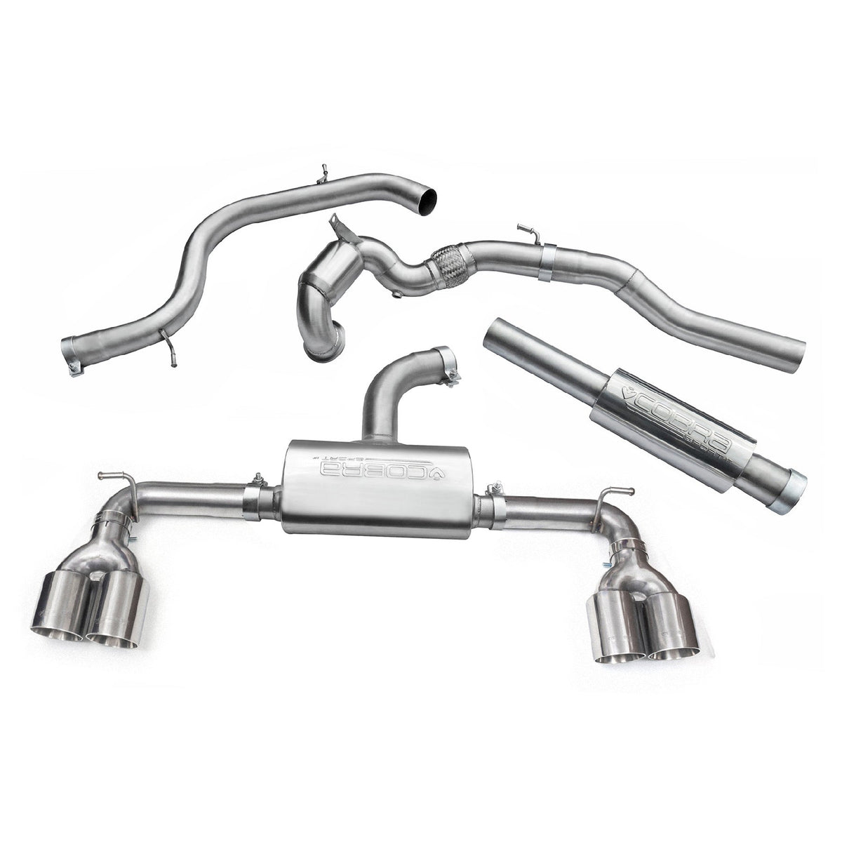 Cobra Sport VW Golf GTI Mk7 2.0 TSI turbo back exhaust with quad exits, performance exhaust system for Golf R style.