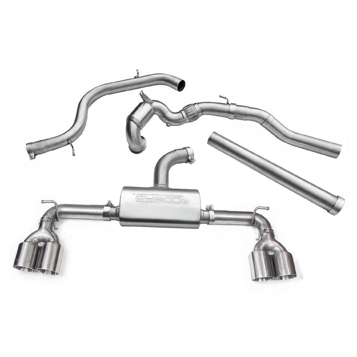 Cobra Sport VW Golf GTI Mk7 2.0 TSI quad exit turbo back exhaust system with performance tips on a car.