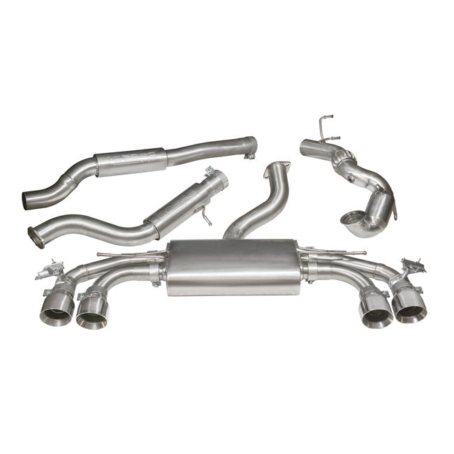 Cobra Sport turbo back performance exhaust with valves for Audi TTS Mk3 2.0 TFSI, showing the resonated sports cat and exhaust tips.
