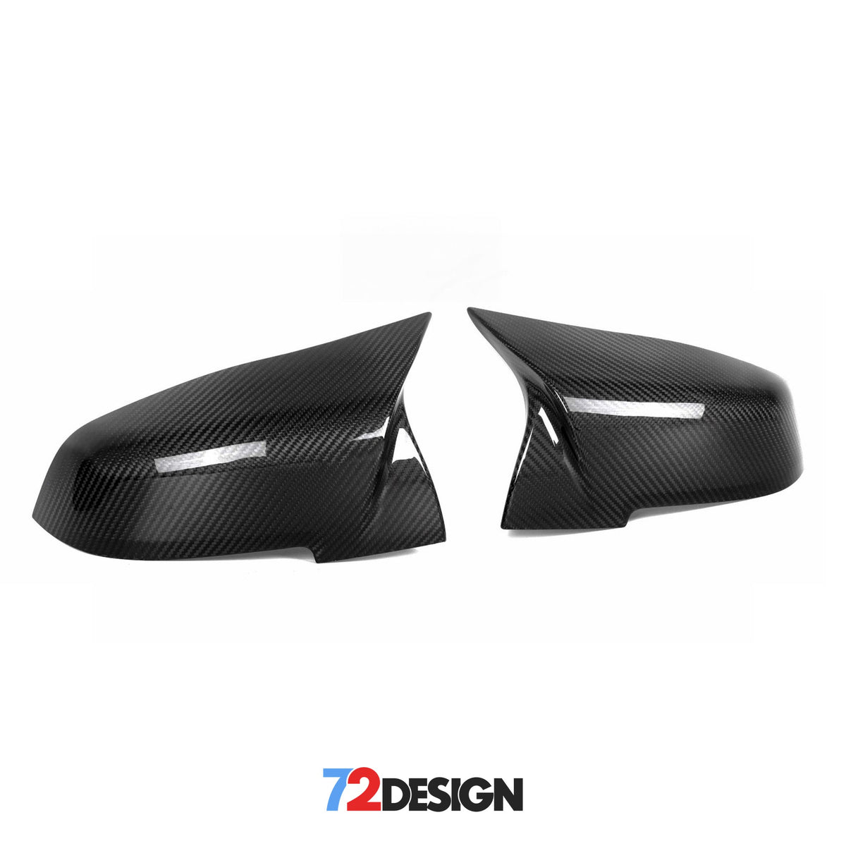 BMW M style wing mirror replacement covers in carbon fibre by 72Design, showcasing sleek, textured finish on black mirror housings.