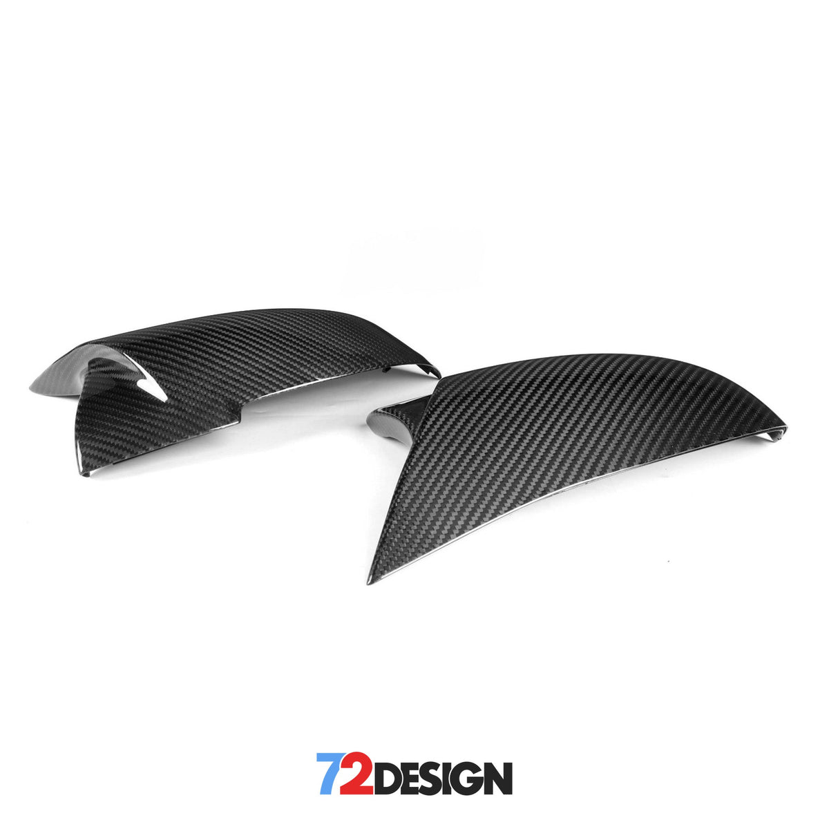 BMW M Style carbon fiber wing mirror replacement covers by 72Design, featuring a sleek, aerodynamic design with a glossy finish.