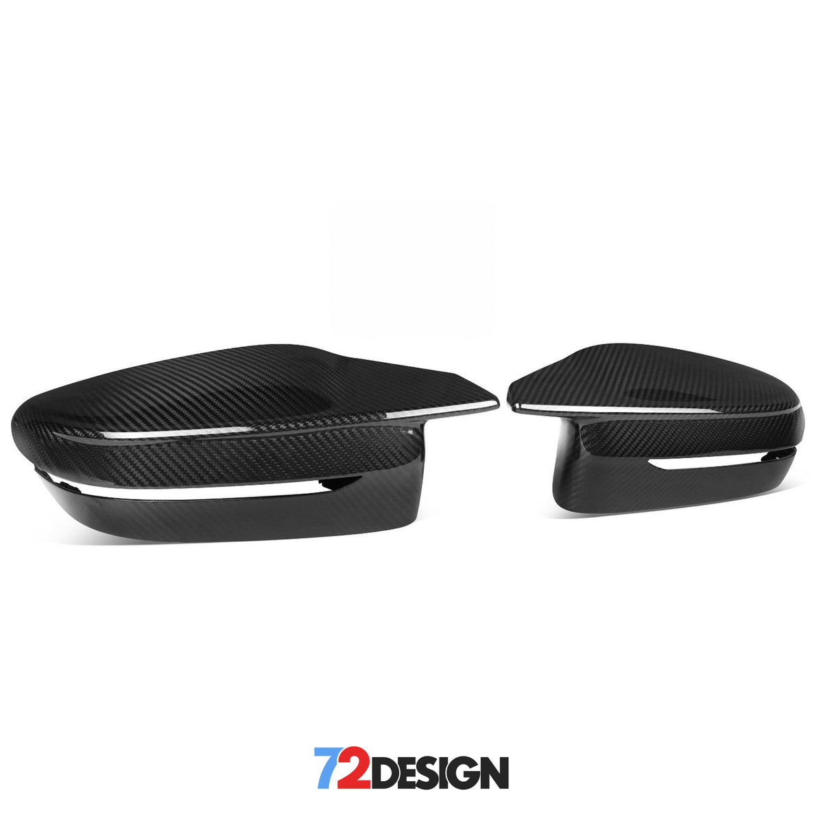 Carbon fibre BMW G Series G80/G81/G82/G83/G87/G42 wing mirror replacement covers by 72Design, shown on car.