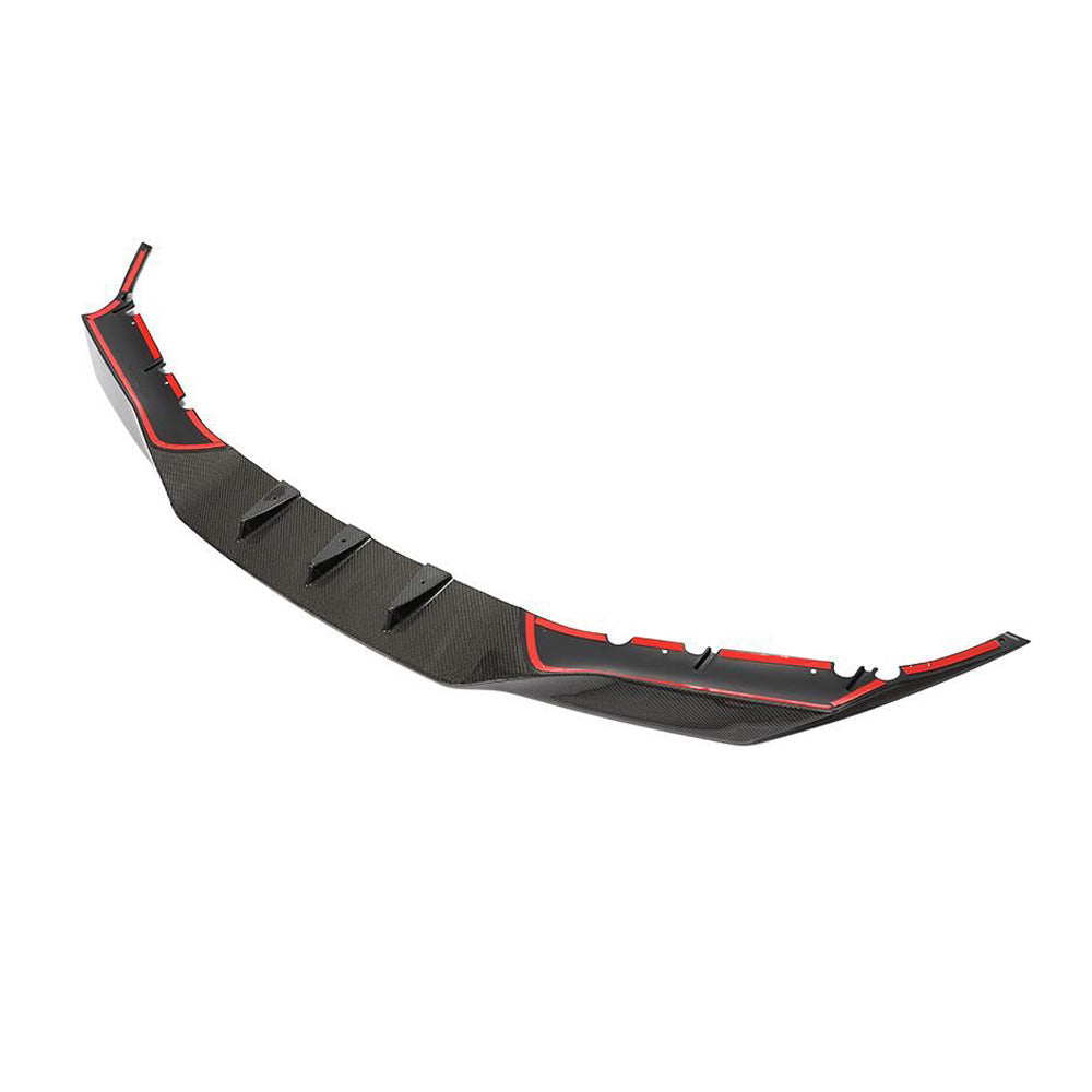 BMW F90 M5 Competition carbon fibre splitter by CT Carbon, V3 model, mounted on front bumper, showcasing sleek aerodynamic design.