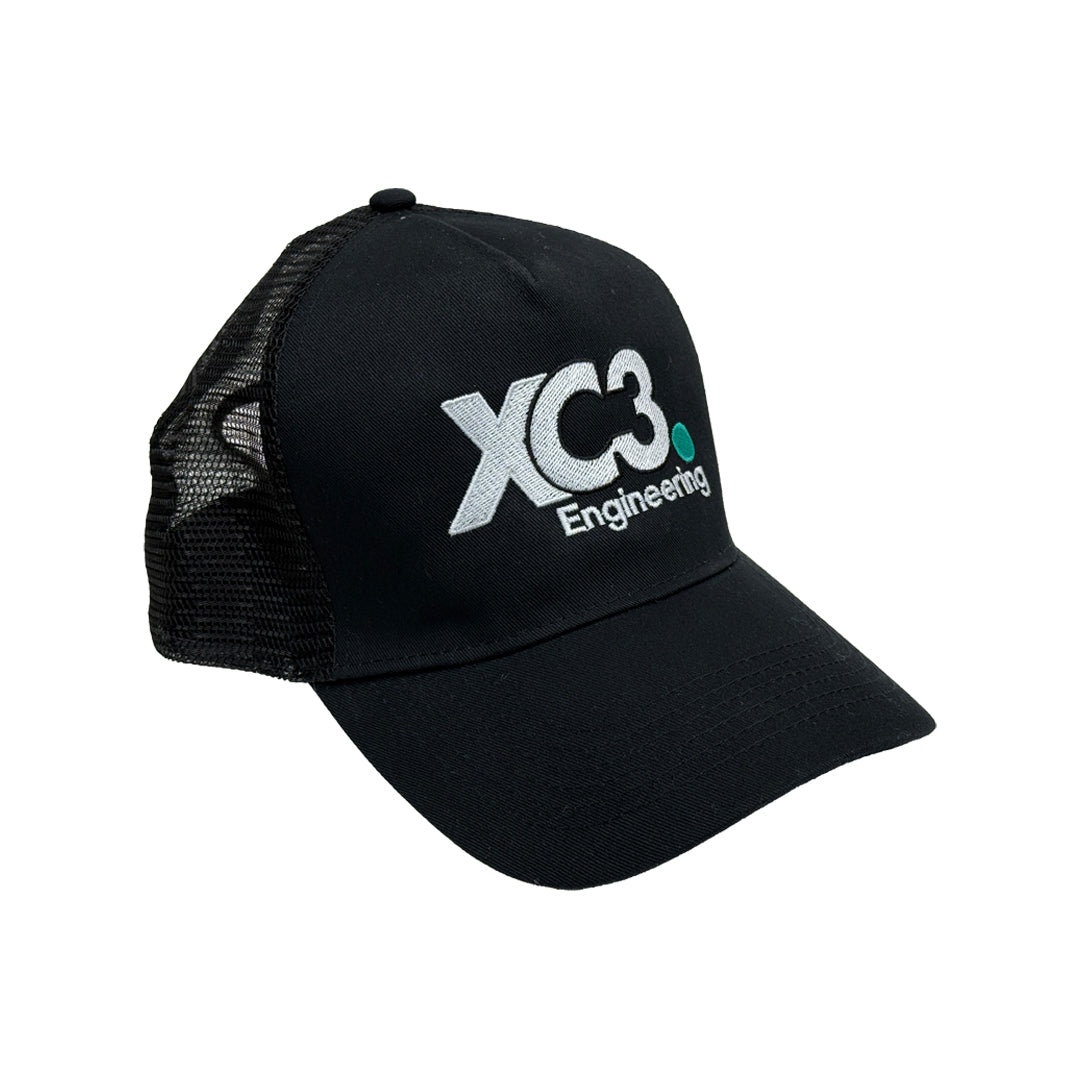XC3 Engineering premium trucker hat featuring adjustable snapback, ideal for car enthusiast lifestyle accessory.