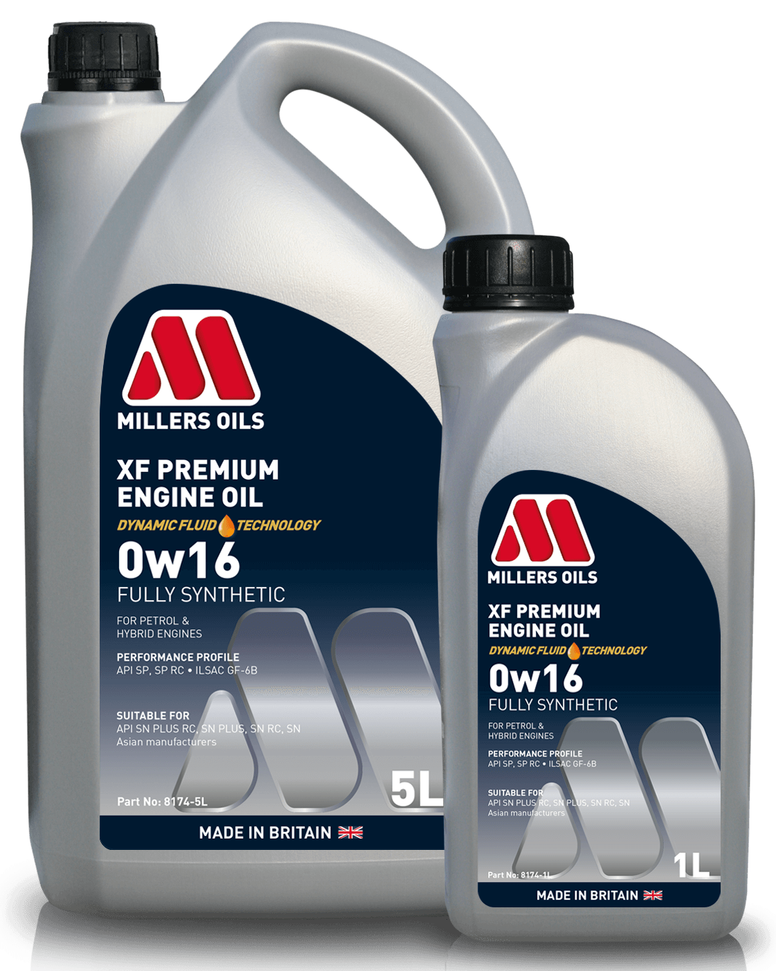 Millers XF Premium 0W-16 engine oil container showing the label and branding for vehicle lubrication.