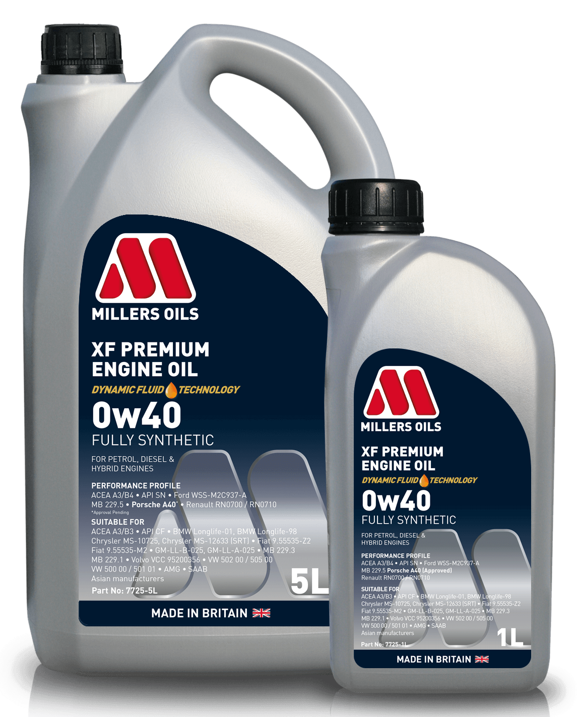 Millers XF Premium 0W-40 engine oil container with label, designed for vehicle engine lubrication, from Millers Oils.