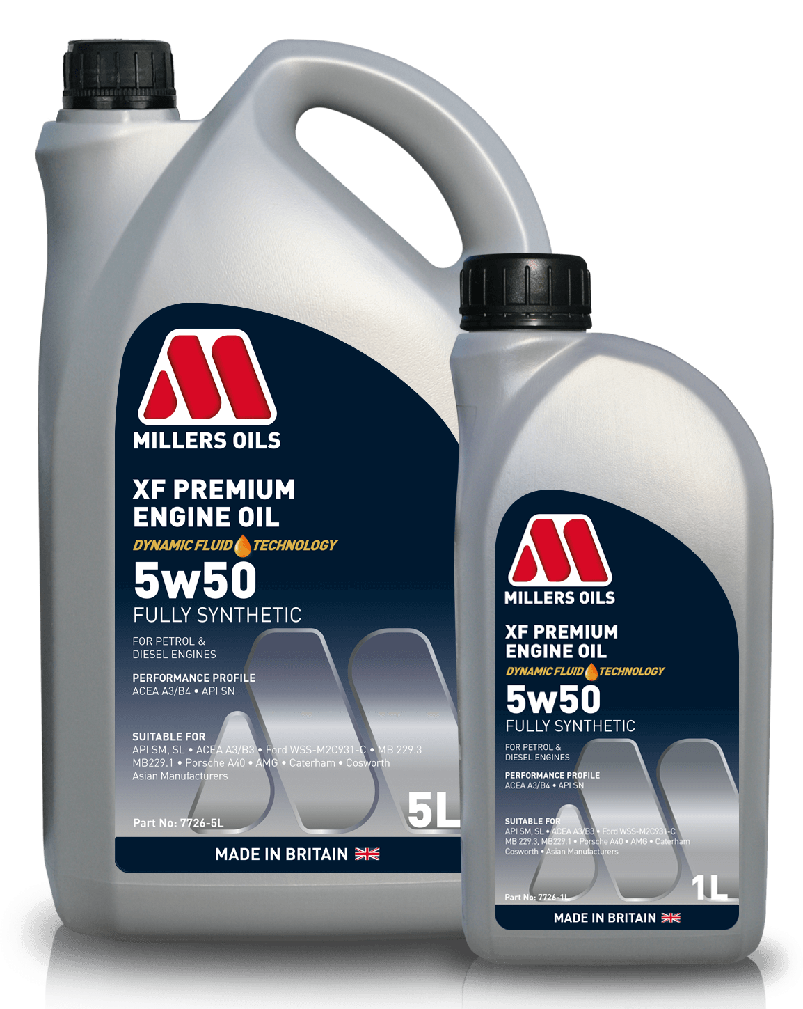 Millers Oils XF Premium 5W50 engine oil container with label, designed for high-performance vehicle lubrication.