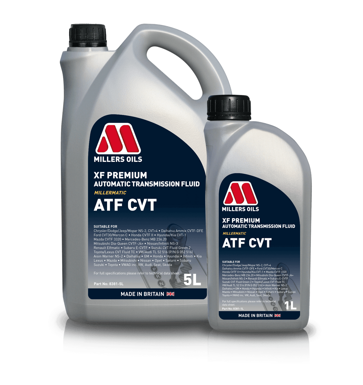 Millers Oils XF Premium ATF CVT gearbox fluid bottle showing the labeled container and product packaging.