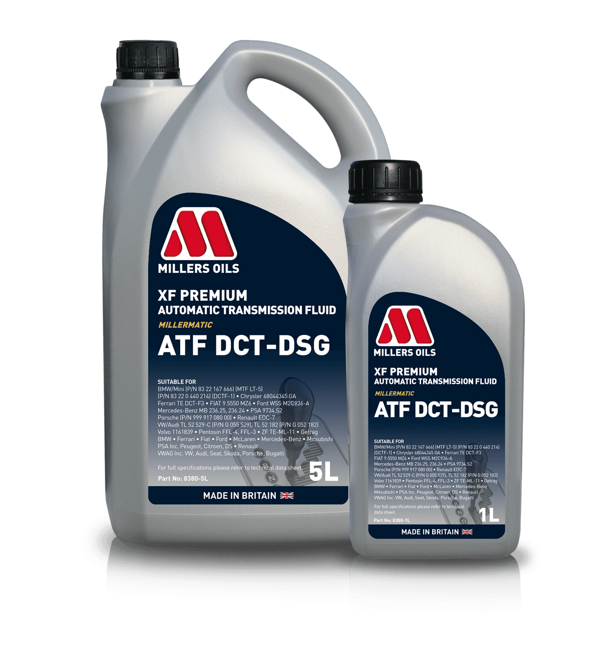 Millers XF Premium ATF DCT- DSG gearbox fluid in a container, designed for automatic transmissions and dual clutch gearboxes.