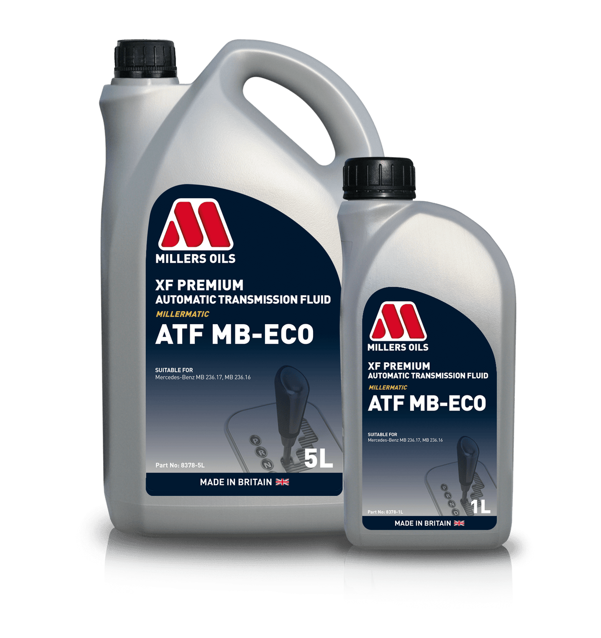 Millers Oils XF Premium ATF MB-ECO gearbox fluid container with label for automotive transmission use.