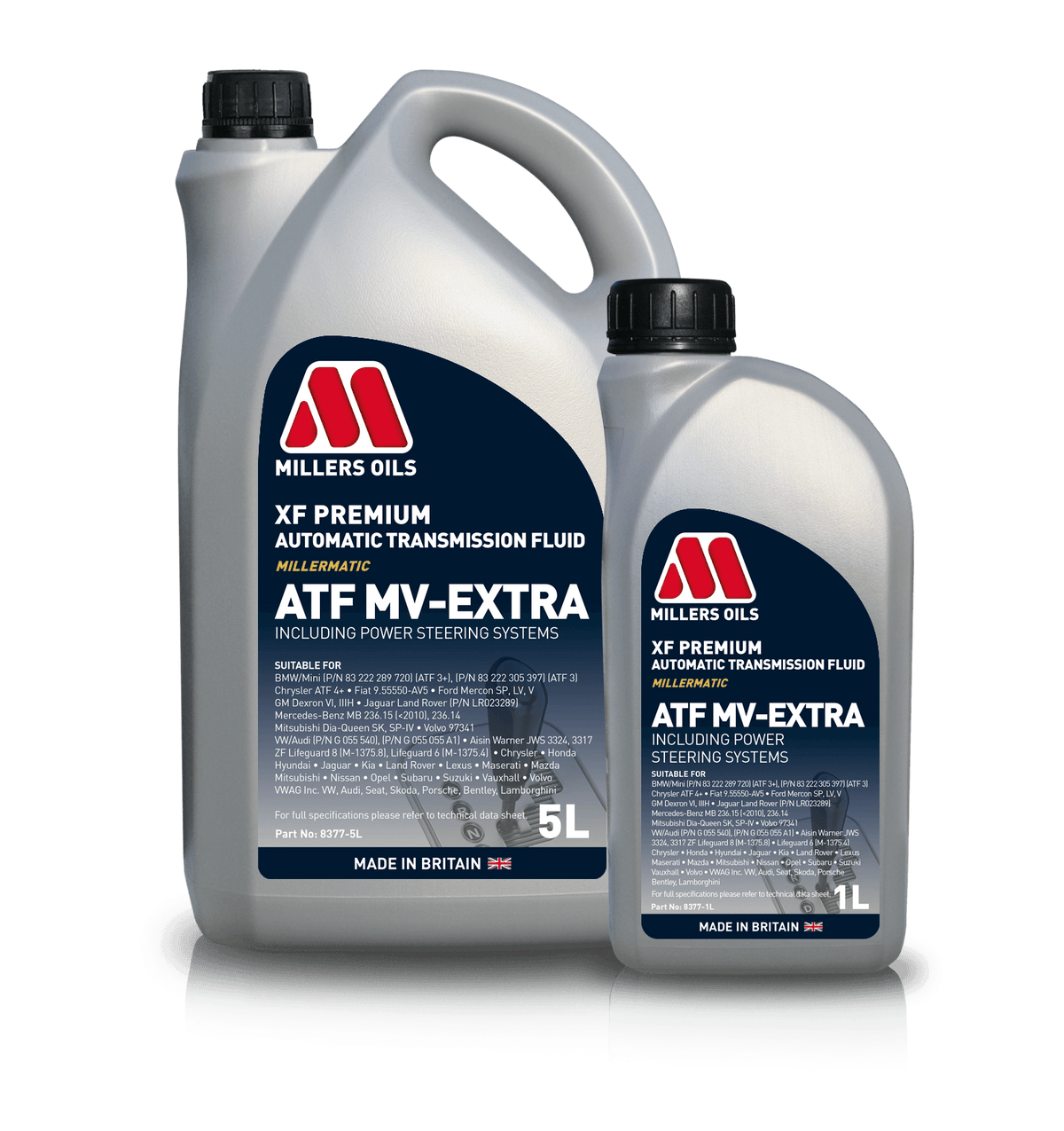 Millers Oils Millers XF Premium ATF MV-Extra gearbox fluid bottle with label and red cap, displayed against a plain background.