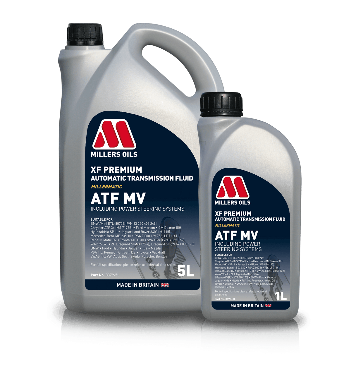 Bottle of Millers XF Premium ATF MV gearbox fluid from Millers Oils, showing the product label and packaging design.