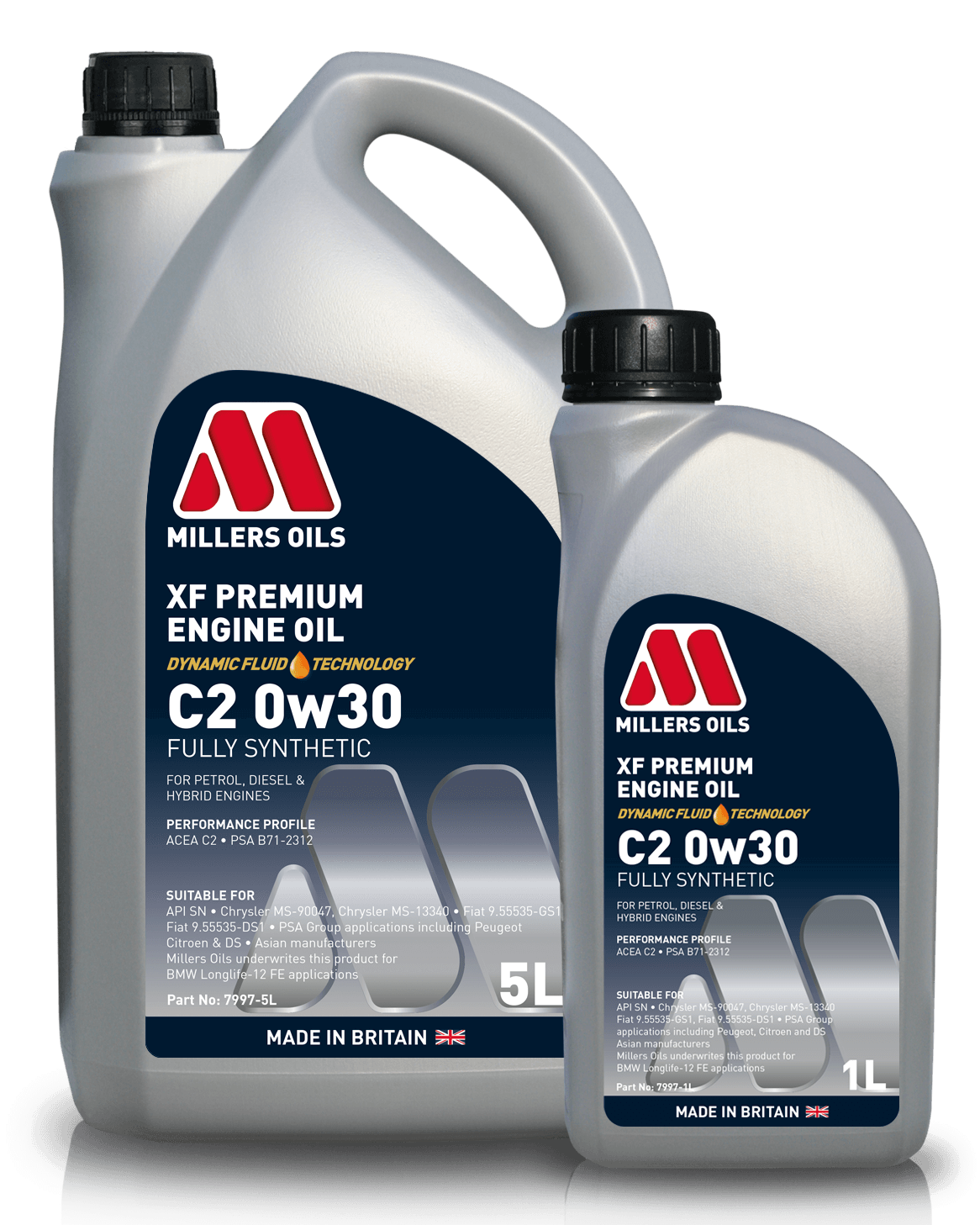 Millers Oils XF Premium C2 0W30 engine oil container showing the labeled bottle and packaging for vehicle engine lubrication.