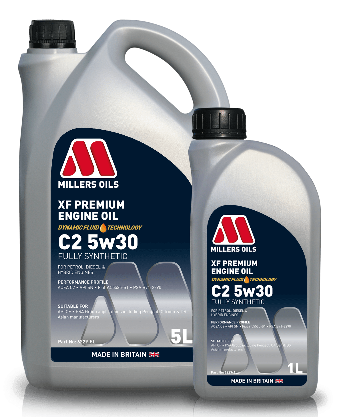 Millers Oils XF Premium C2 5W30 engine oil container showcasing the product label with branding and specifications.
