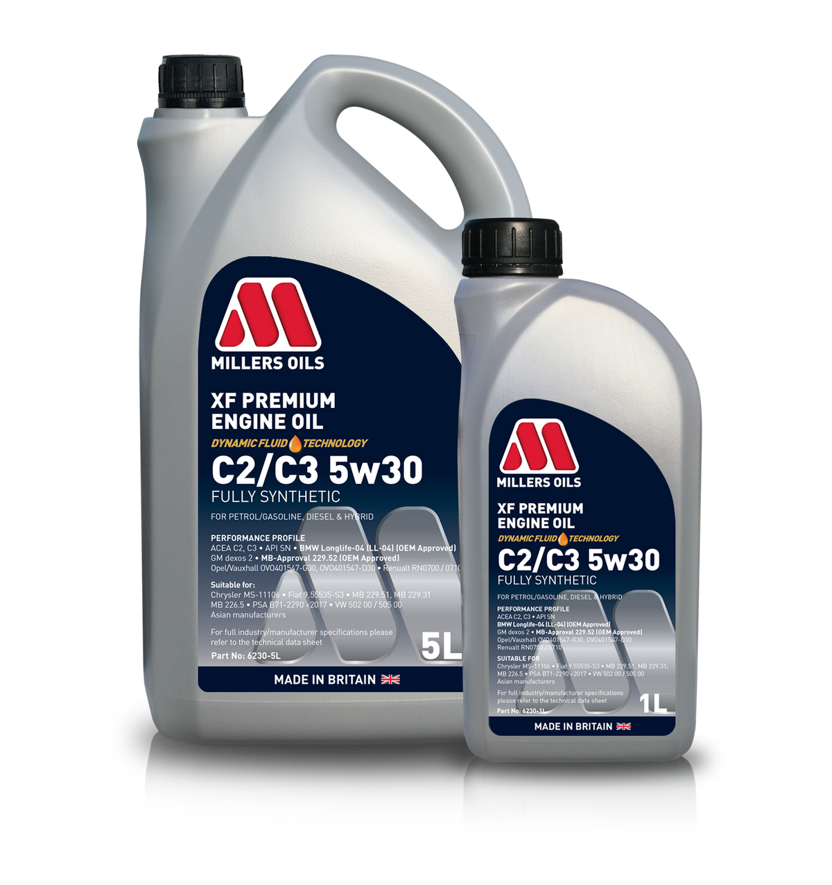 Millers Oils XF Premium C2/C3 5W30 engine oil container, high-performance motor oil for vehicle engine protection and efficiency.