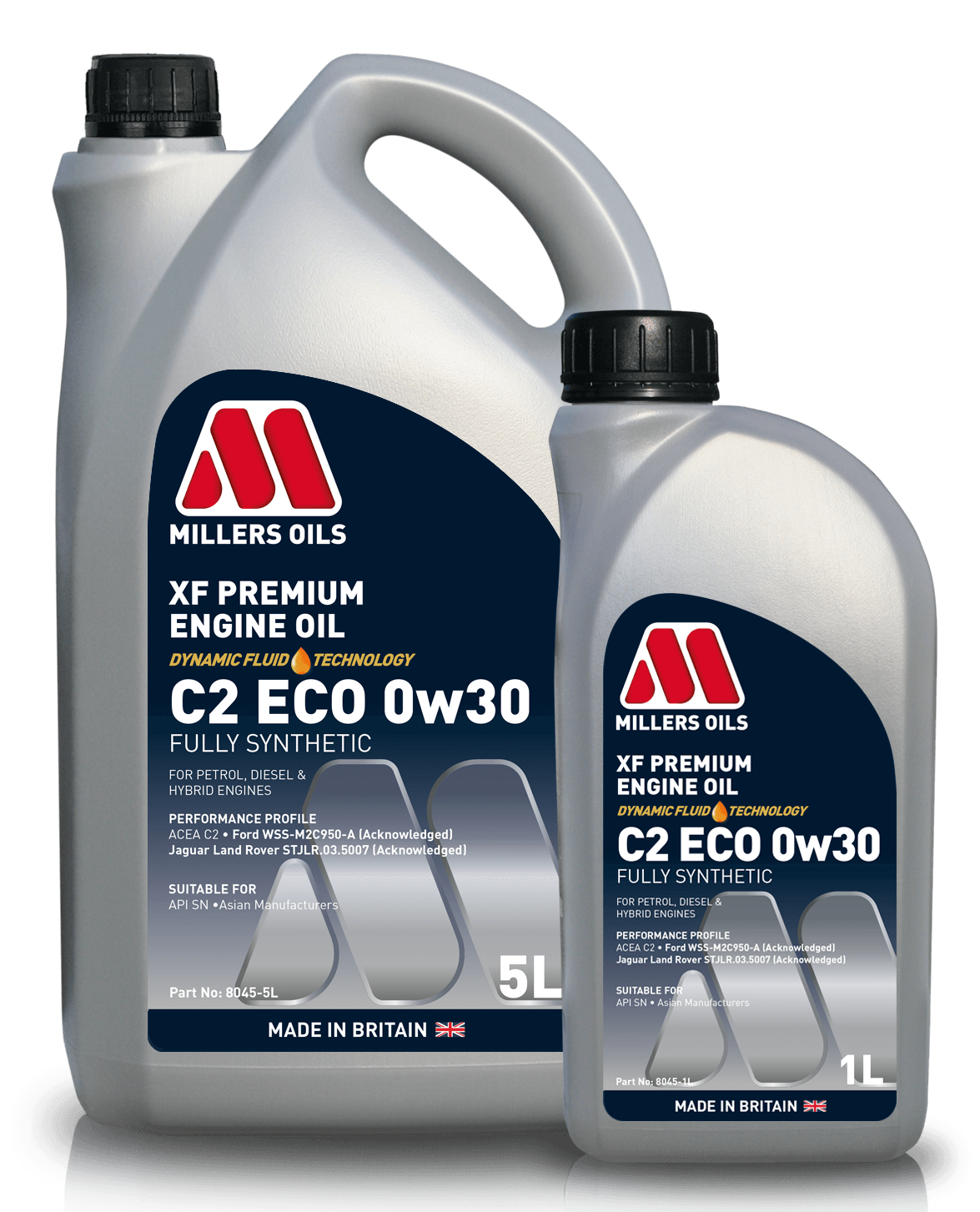 Millers Oils XF Premium C2 ECO 0W30 engine oil container and label showing product branding and specifications.