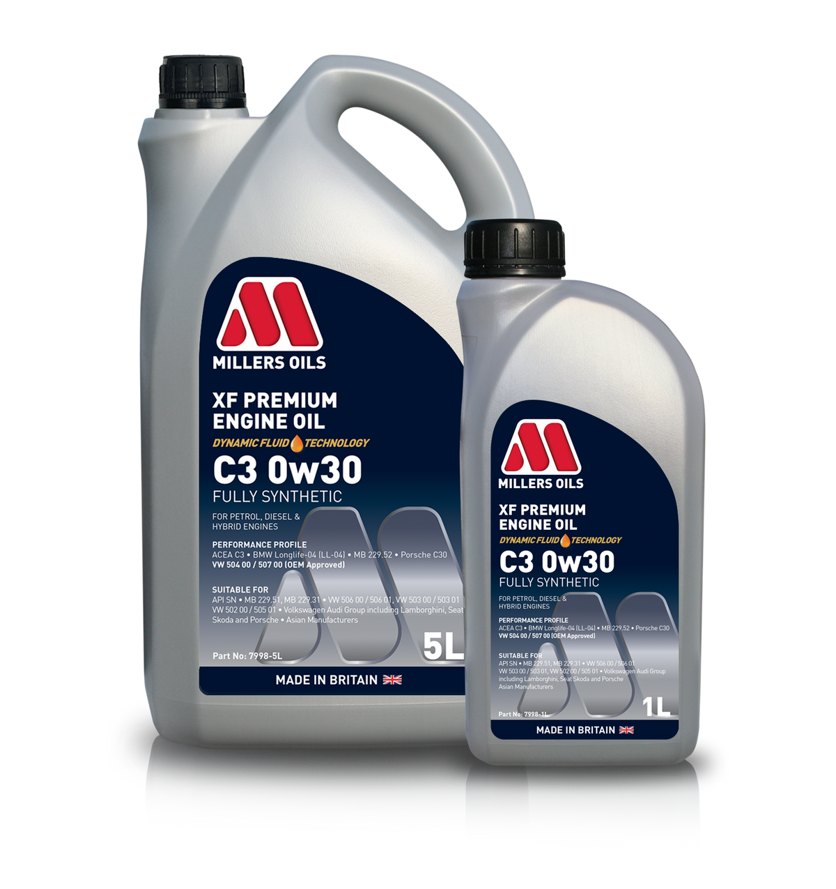 Millers Oils XF Premium C3 0W30 engine oil container with multiple bottles arranged, showing the product label and branding.