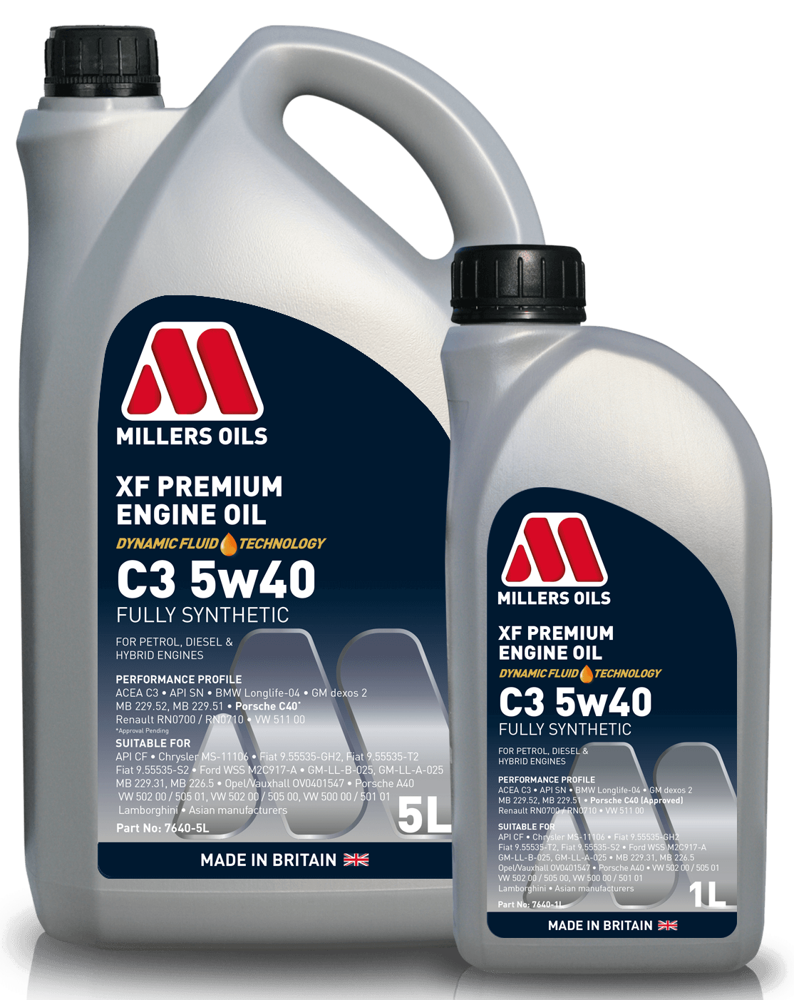 Millers Oils XF Premium C3 5W40 engine oil container with label showing product details and branding.