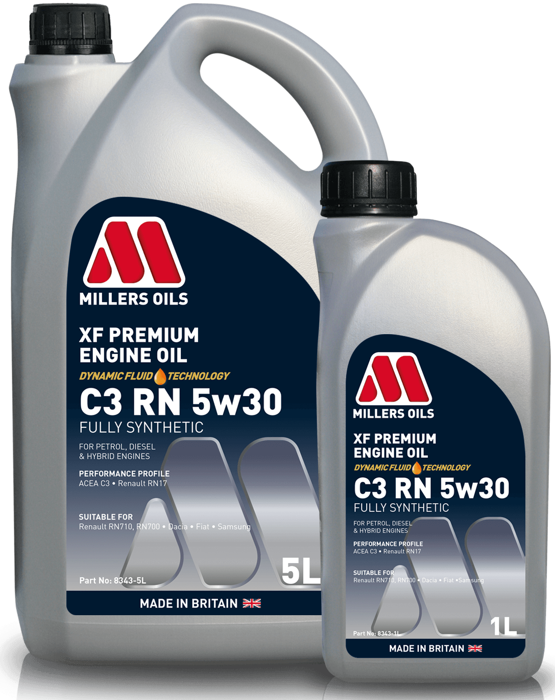 Millers Oils XF Premium C3 RN 5W30 engine oil container, suitable for vehicle engine lubrication and maintenance.