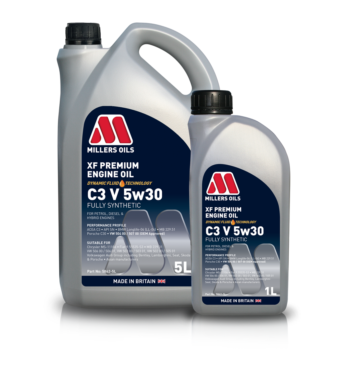 Millers Oils XF Premium C3 VW 5W30 engine oil container, showcasing the product label and packaging for vehicle engine lubrication.